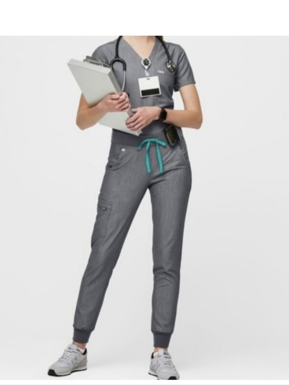 Figs Grey Jogger Scrub Set with Teal Drawstring Sz.M